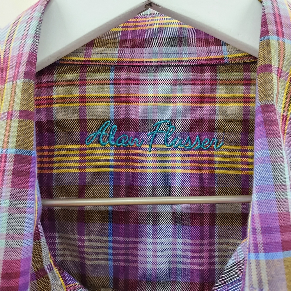 Alan Flusser Pink Plaid Casual Button Up Golf Top - Picture 4 of 6